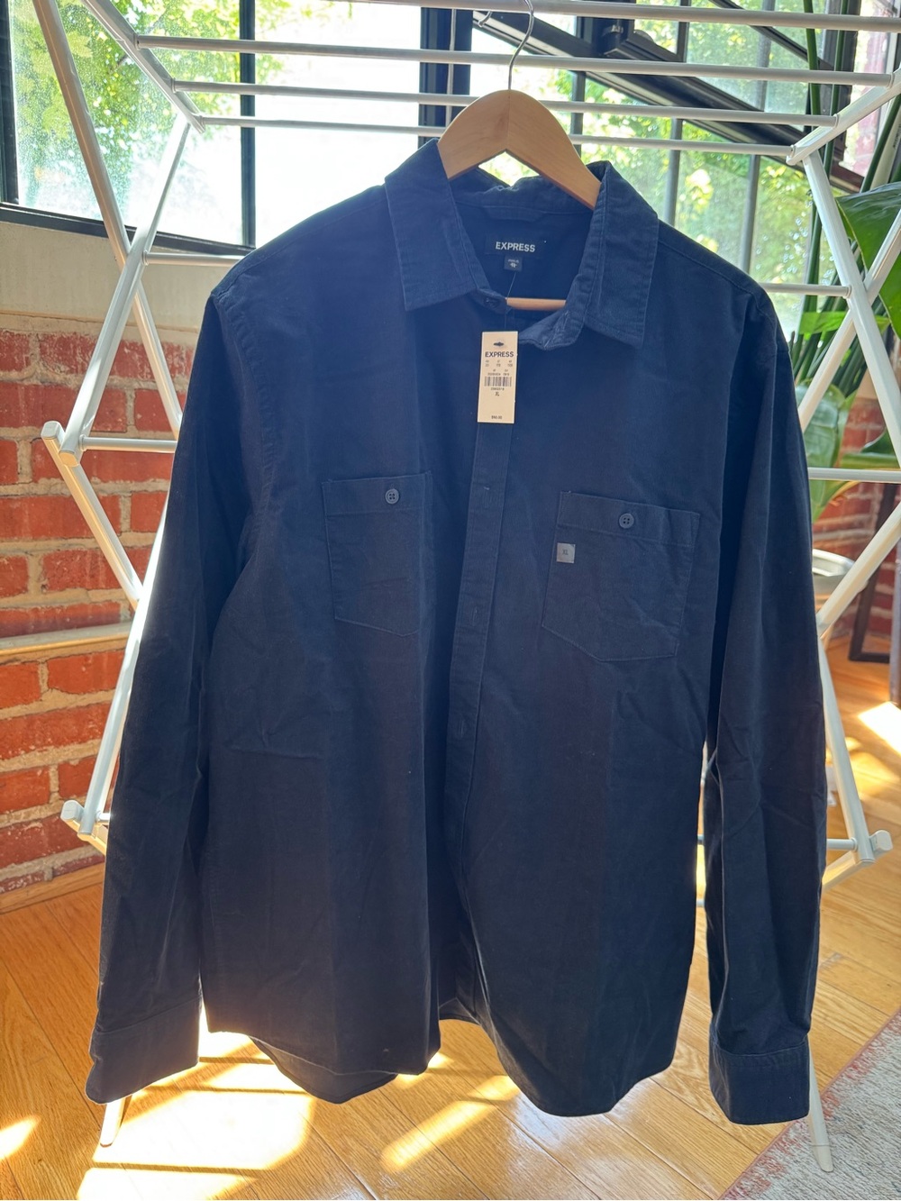 Express Men's Dark Navy Corduroy Button-Up Shirt